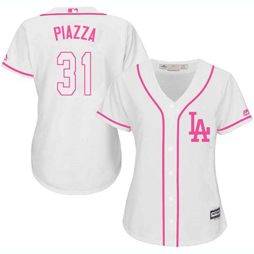 Dodgers #31 Mike Piazza White/Pink Fashion Women's Stitched MLB Jersey - Click Image to Close